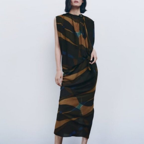 Zara Dress Women's M Multicolored Draped Limited Edition Knots Pleats Flowy Midi - Picture 1 of 14
